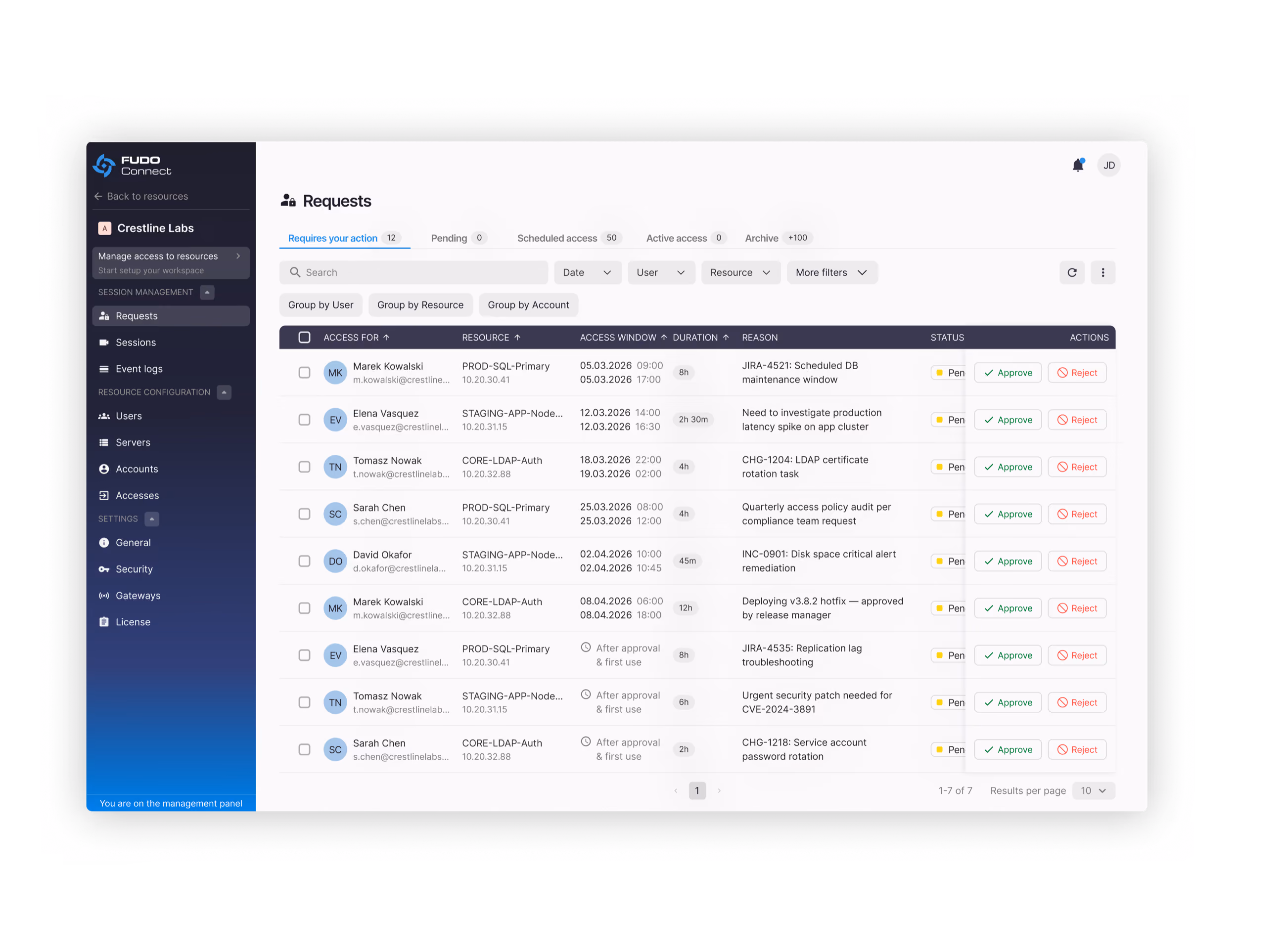 Fudo Connect requests queue – approving scheduled, time-limited access requests with visible durations