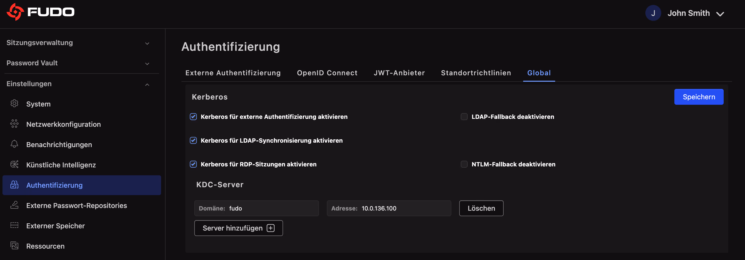 Fudo Enterprise Authentifizierungseinstellungen – Kerberos aktiviert für externe Authentifizierung, LDAP-Synchronisierung und RDP-Sitzungen, mit LDAP- und NTLM-Fallback-Optionen und einem KDC-Servereintrag
