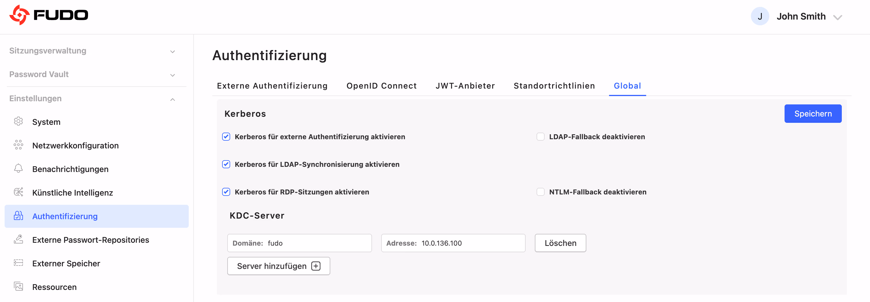 Fudo Enterprise Authentifizierungseinstellungen – Kerberos aktiviert für externe Authentifizierung, LDAP-Synchronisierung und RDP-Sitzungen, mit LDAP- und NTLM-Fallback-Optionen und einem KDC-Servereintrag