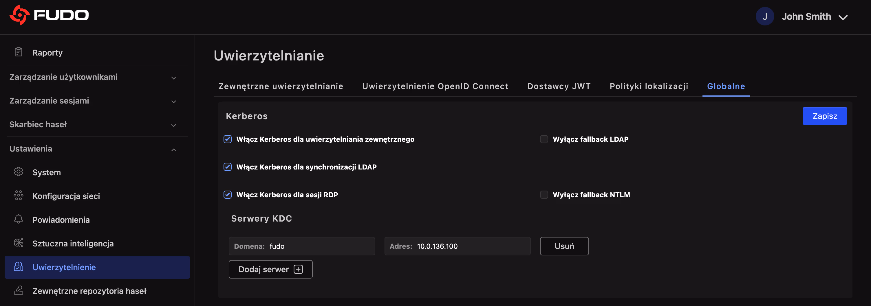Ustawienia uwierzytelniania Fudo Enterprise – Kerberos włączony dla uwierzytelniania zewnętrznego, synchronizacji LDAP i sesji RDP, z opcjami przełączania na LDAP i NTLM oraz wpisem serwera KDC