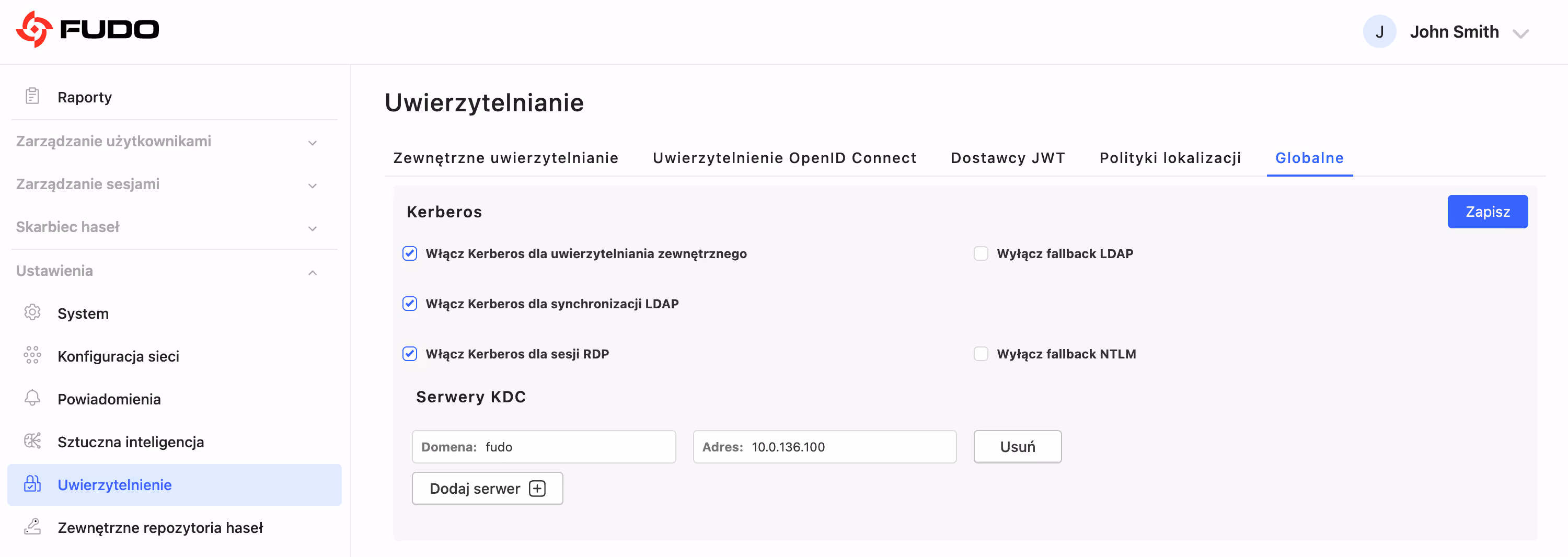 Ustawienia uwierzytelniania Fudo Enterprise – Kerberos włączony dla uwierzytelniania zewnętrznego, synchronizacji LDAP i sesji RDP, z opcjami przełączania na LDAP i NTLM oraz wpisem serwera KDC