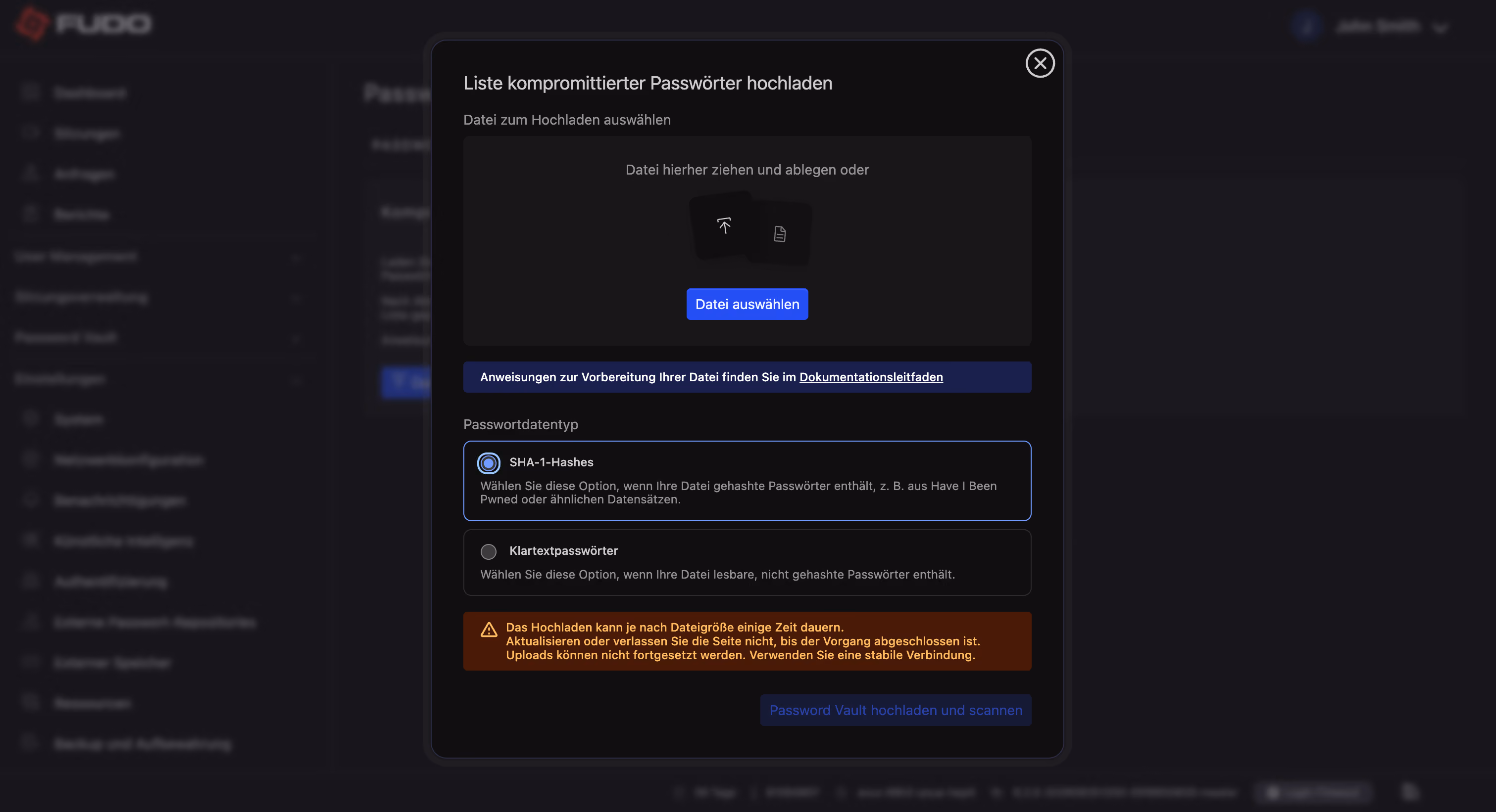 Fudo Enterprise Passwort-Tresor – Hochladen einer Liste kompromittierter Passwörter als SHA-1-Hashes zum Abgleich gespeicherter Zugangsdaten mit bekannten Datenlecks