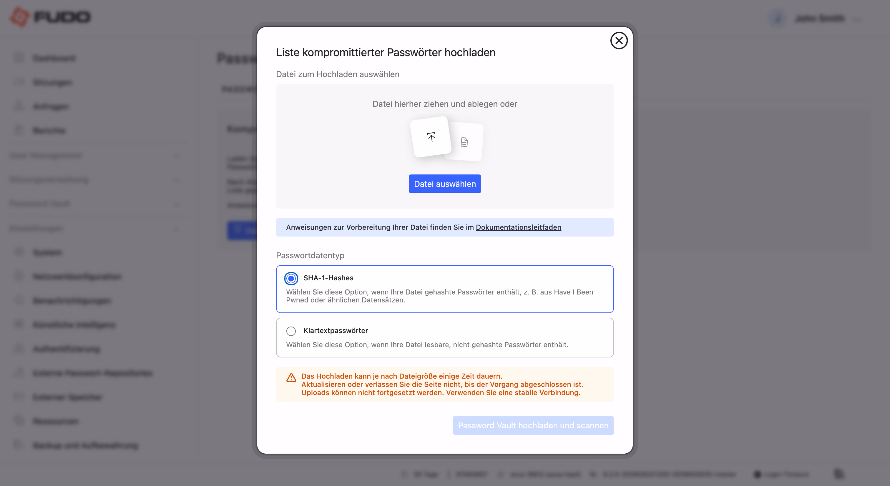 Fudo Enterprise Passwort-Tresor – Hochladen einer Liste kompromittierter Passwörter als SHA-1-Hashes zum Abgleich gespeicherter Zugangsdaten mit bekannten Datenlecks