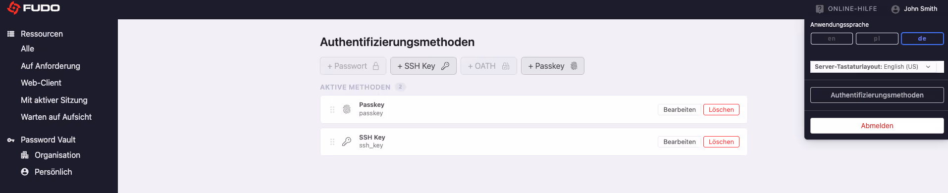 Fudo Self-Service-Portal – ein Benutzer verwaltet seine eigenen Authentifizierungsmethoden, mit registriertem Passkey und SSH-Schlüssel