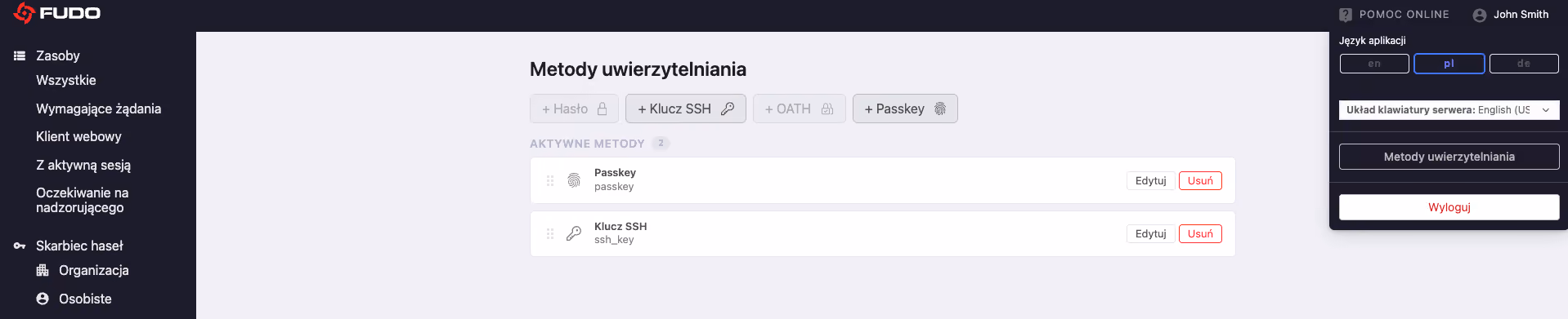 Portal samoobsługowy Fudo – użytkownik zarządza własnymi metodami uwierzytelniania, z zarejestrowanym kluczem dostępu i kluczem SSH