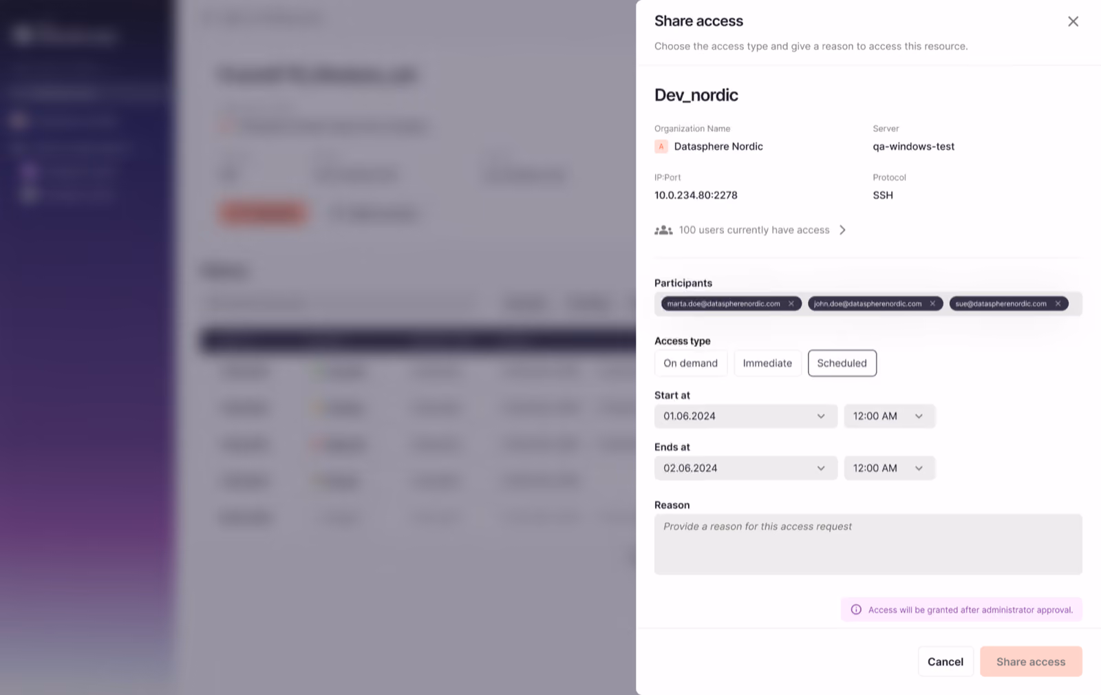 Fudo ShareAccess share-access panel – inviting participants by email with a scheduled access window