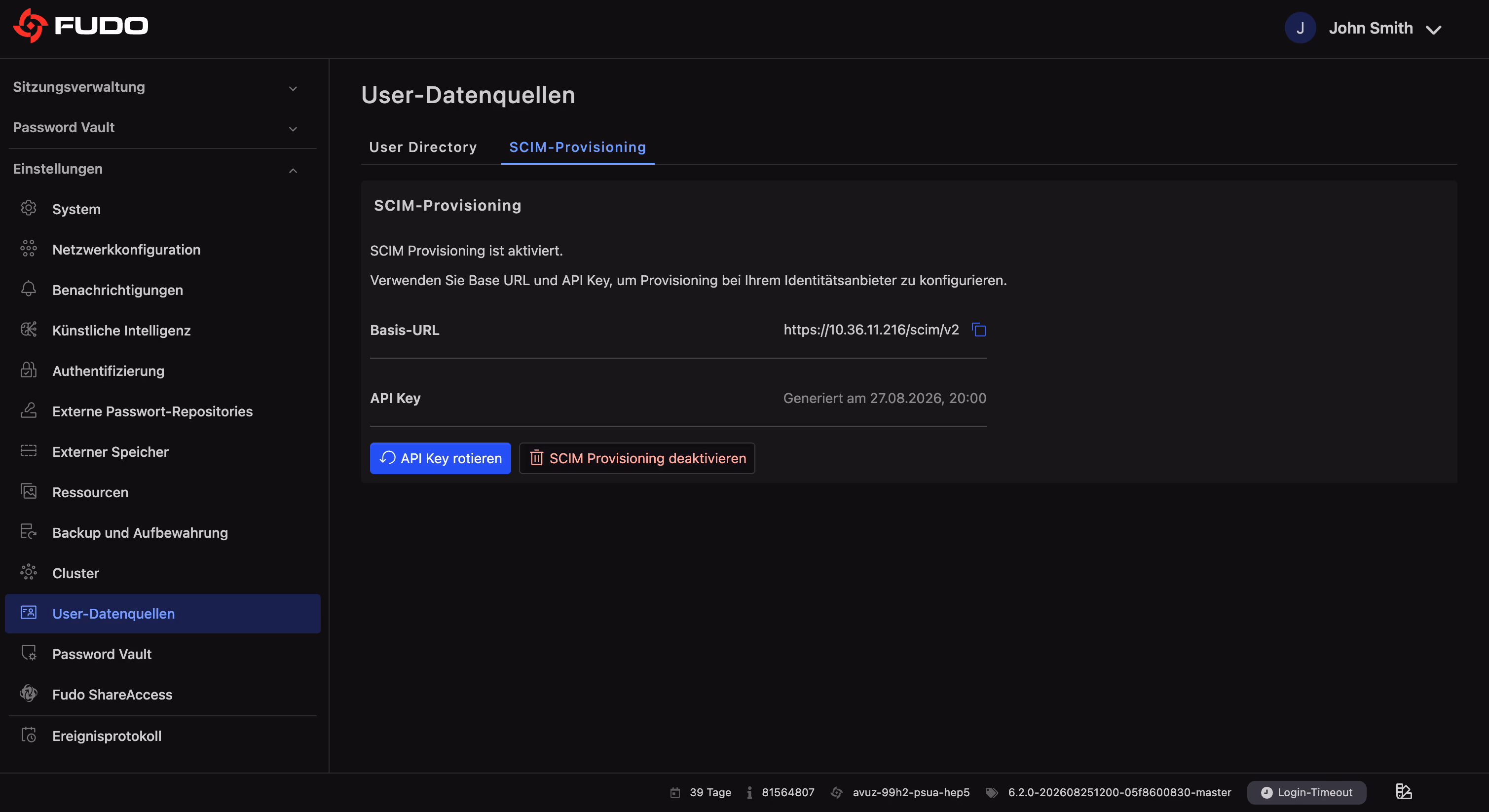 Fudo Enterprise Benutzerquellen – SCIM-Provisionierung aktiviert, mit Basis-URL und API-Schlüssel zur Anbindung eines Identity-Providers wie Entra ID oder Okta