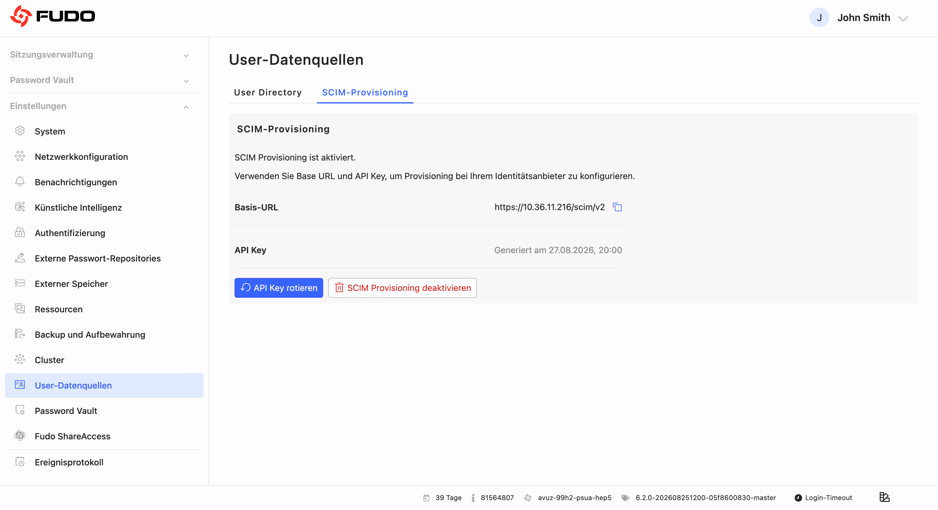 Fudo Enterprise Benutzerquellen – SCIM-Provisionierung aktiviert, mit Basis-URL und API-Schlüssel zur Anbindung eines Identity-Providers wie Entra ID oder Okta